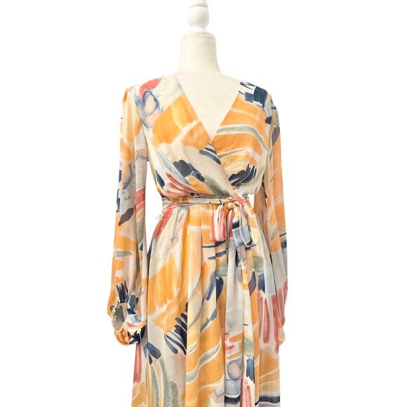 Fashion Nova Nadine Whimsy Midi Dress Abstract Floral Size Medium Faux Wrap - Picture 3 of 10